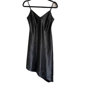 Vintage Black Satin Diagonal Asymmetric Hem Slip Dress - XS/S